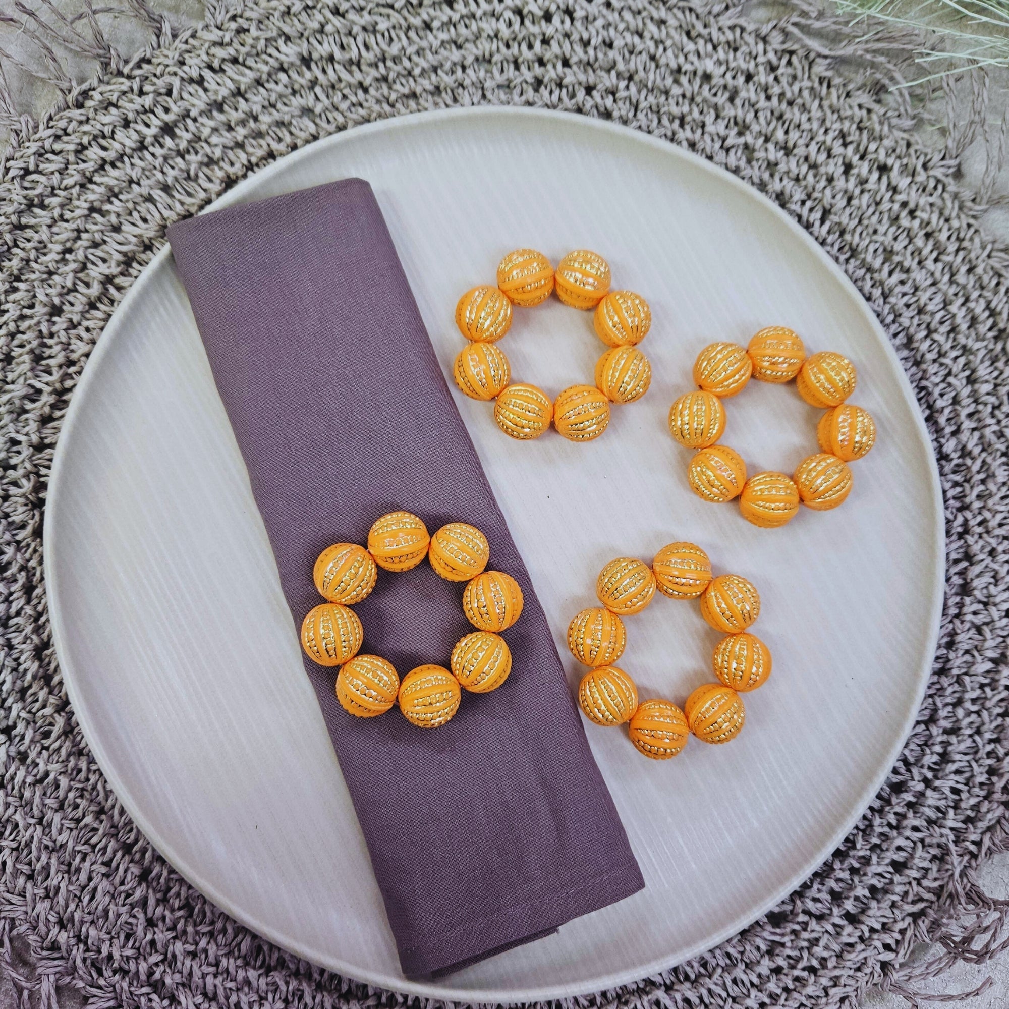 Maison Charlô | Set 4 Orange Shine Beaded Napkin Rings | Rustic Napkin Ring | Handmade-2