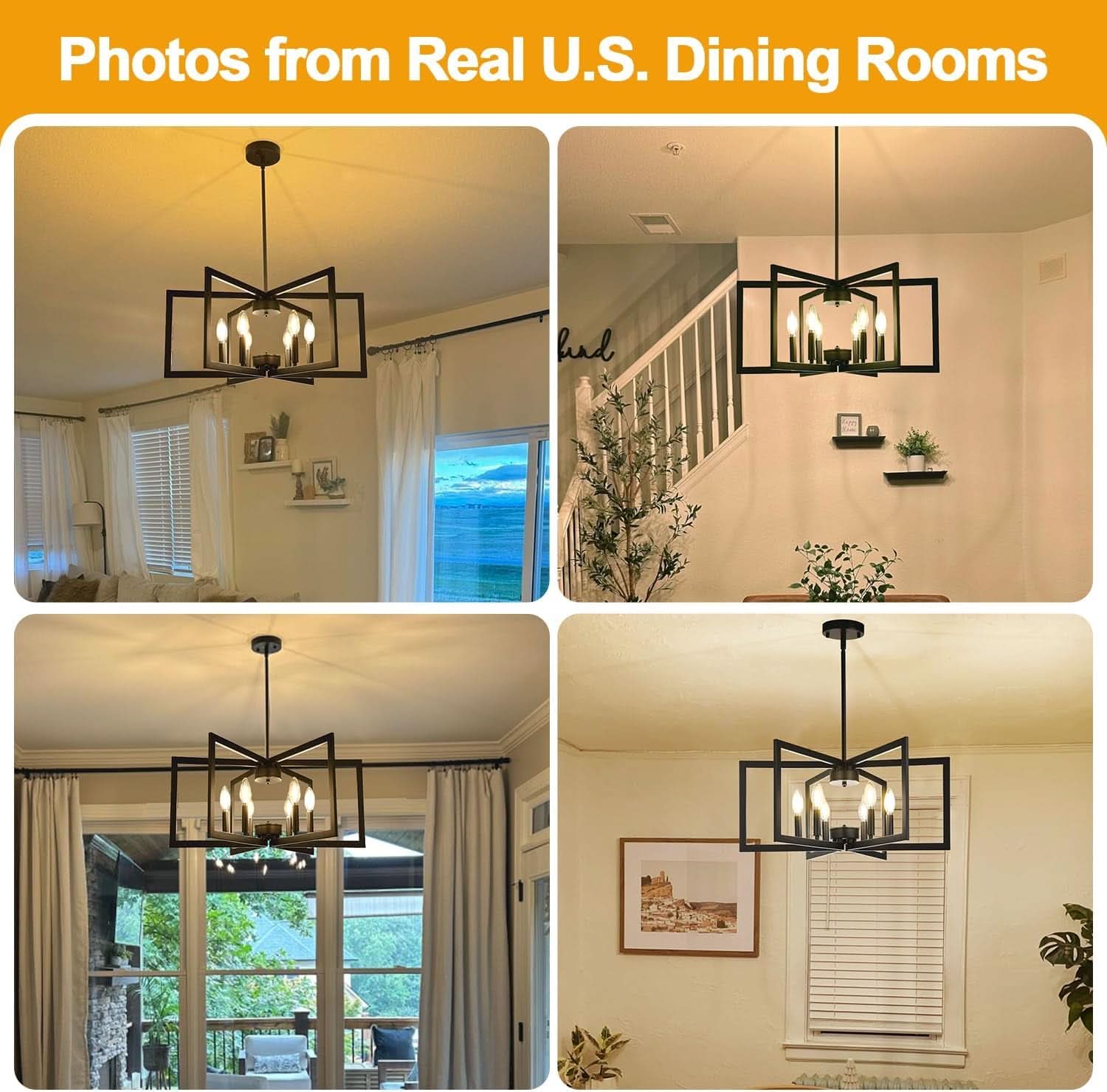 Black 6 Light Chandelier 25 Inch Geometric Square Frame-4