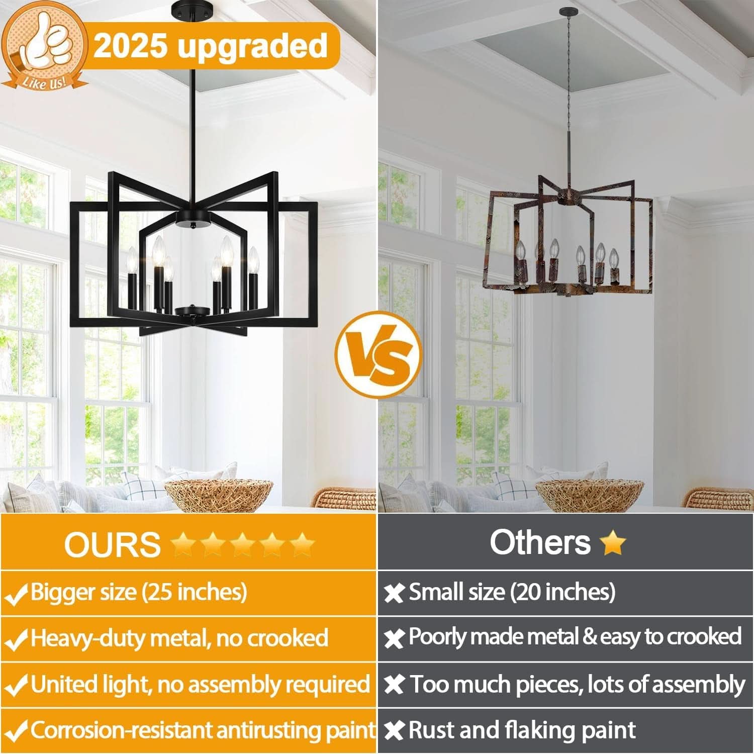 Black 6 Light Chandelier 25 Inch Geometric Square Frame-1