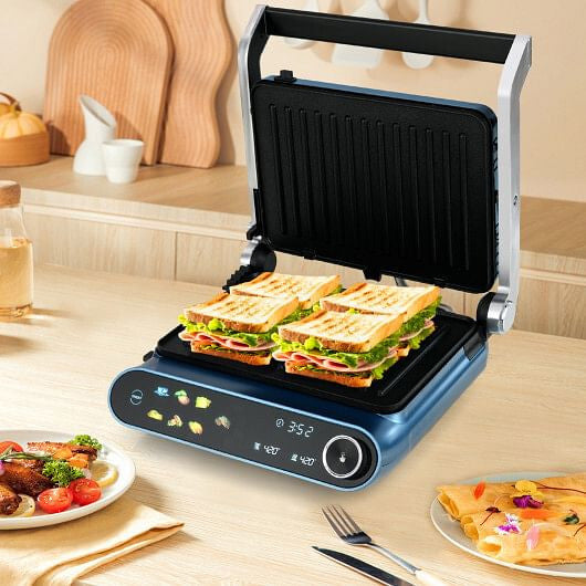 1200W Panini Press Grill with LED Display and 7 Grilling Modes-Blue-0