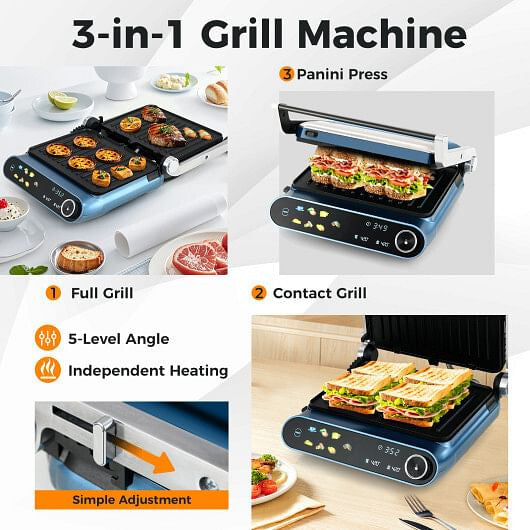 1200W Panini Press Grill with LED Display and 7 Grilling Modes-Blue-3